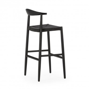Taburete alto o silla de bar con estructura de madera de haya lacada en negro y asiento de cuerda de papel negra.