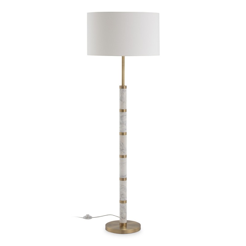 Lámpara de pie metálica de 135 cm de altura con base metálica dorada, tronco de mármol con anillos dorados