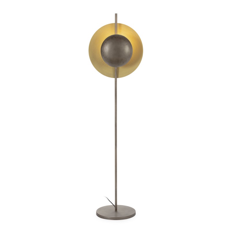 Lámpara de pie metálica de 150 cm de altura con pantalla circular en acabado latón y bronce envejecido