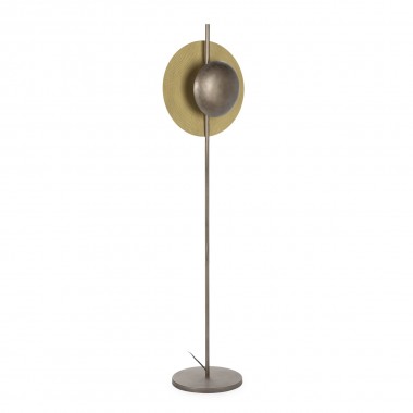 Lámpara de pie metálica de 150 cm de altura con pantalla circular en acabado latón y bronce envejecido