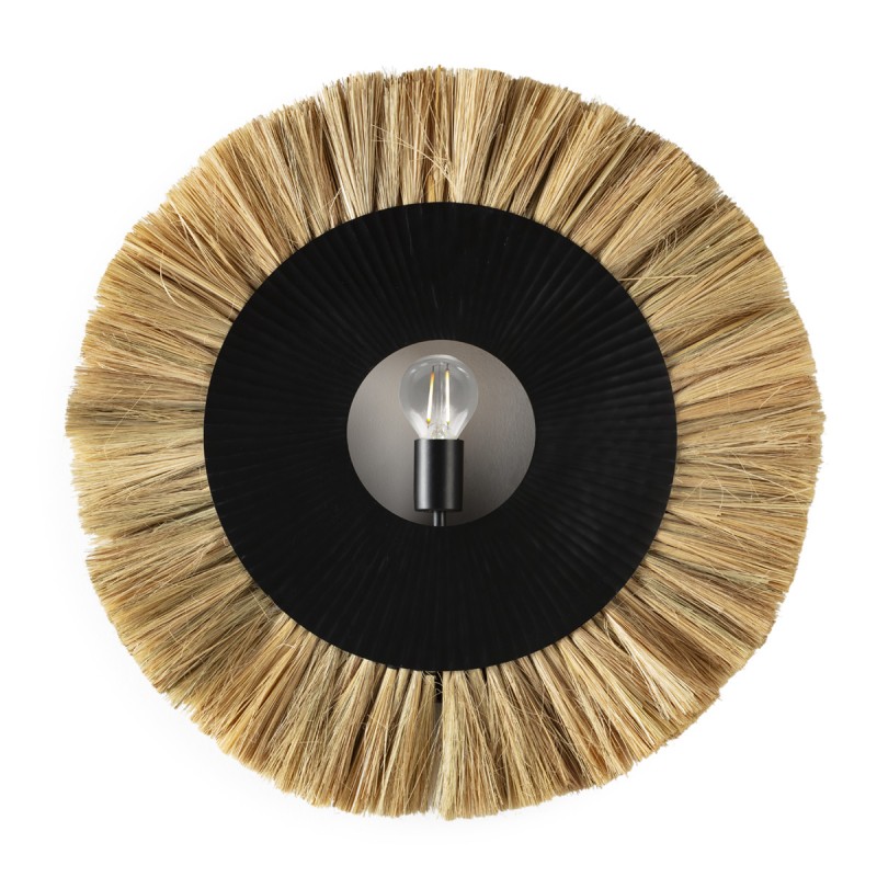 Aplique de pared circular de 65 cm de metal lacado en negro y fibras de algas.