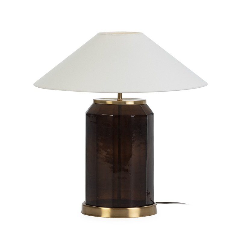 Lámpara de mesa con base de cristal tintado en marrón oscuro con detalles metálicos dorados