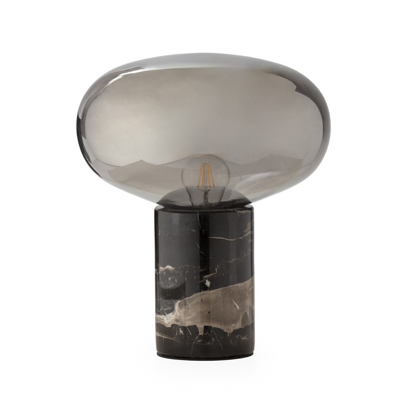 Lámpara de mesa con base de mármol negro y pantalla de vidrio ahumado