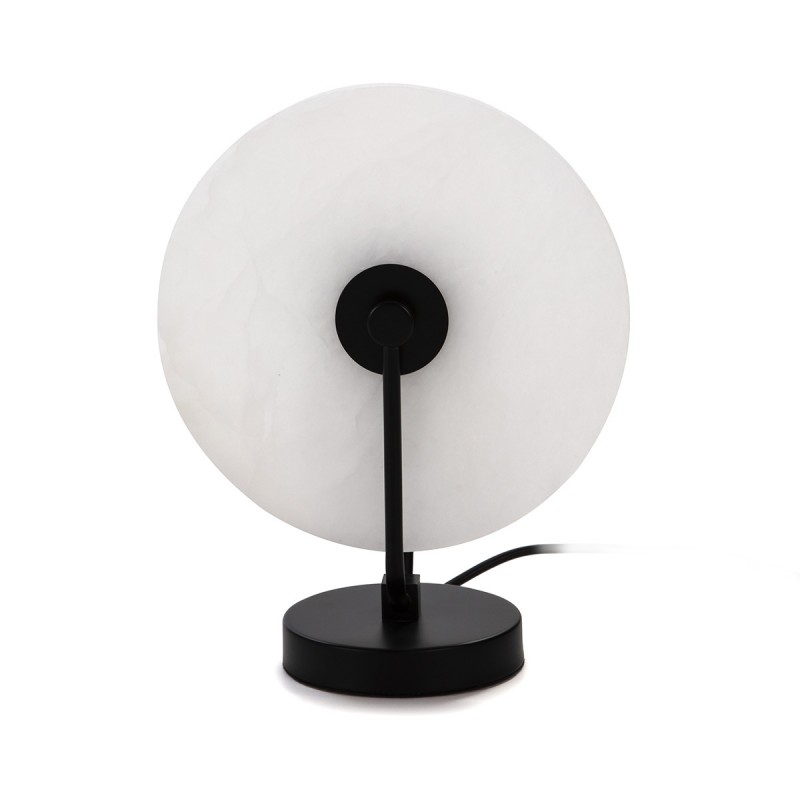 Lámpara de mesa de diseño con base metálica lacada en negro y pantalla circular de mármol