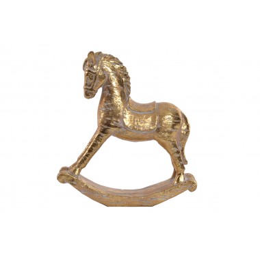 Figura de resina de un caballo de juguete en dorado y con acabado decapé.