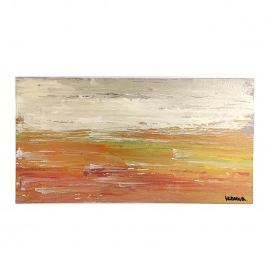Pintura abstracta sobre tablero de madera donde predominan las tonalidades naranjas, marrones y blanquecinas