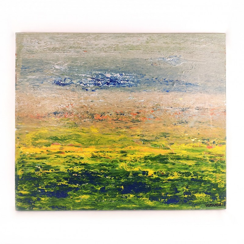 Lienzo abstracto en tonalidades verdes, amarillas, azules y grises