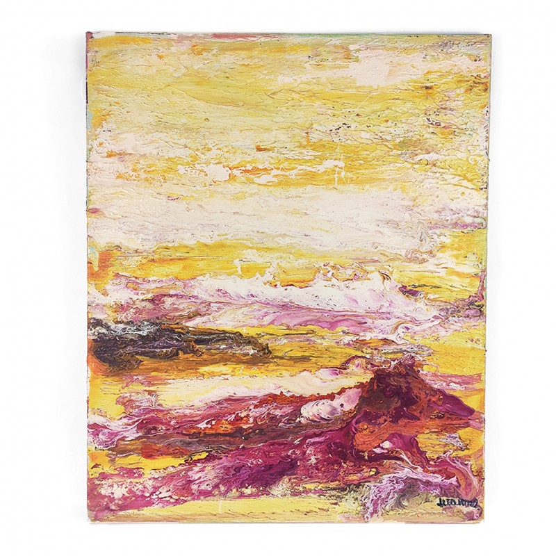 Cuadro abstracto en tonalidades amarillas, rojizas y blancas pintado mediante técnica mixta sobre acrílico.