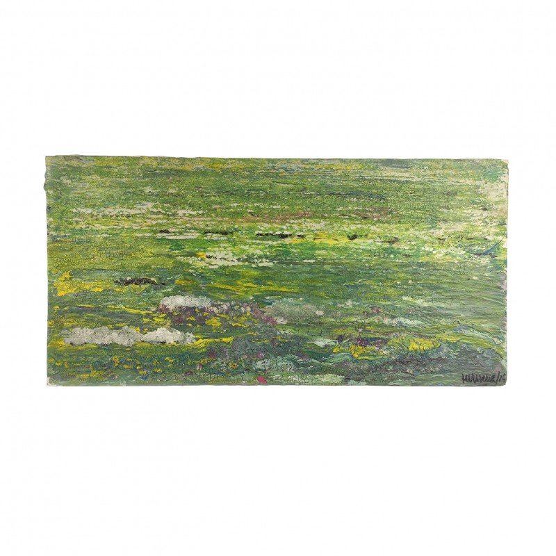 Pintura abstracta en tonalidades verdes sobre tablero de madera.